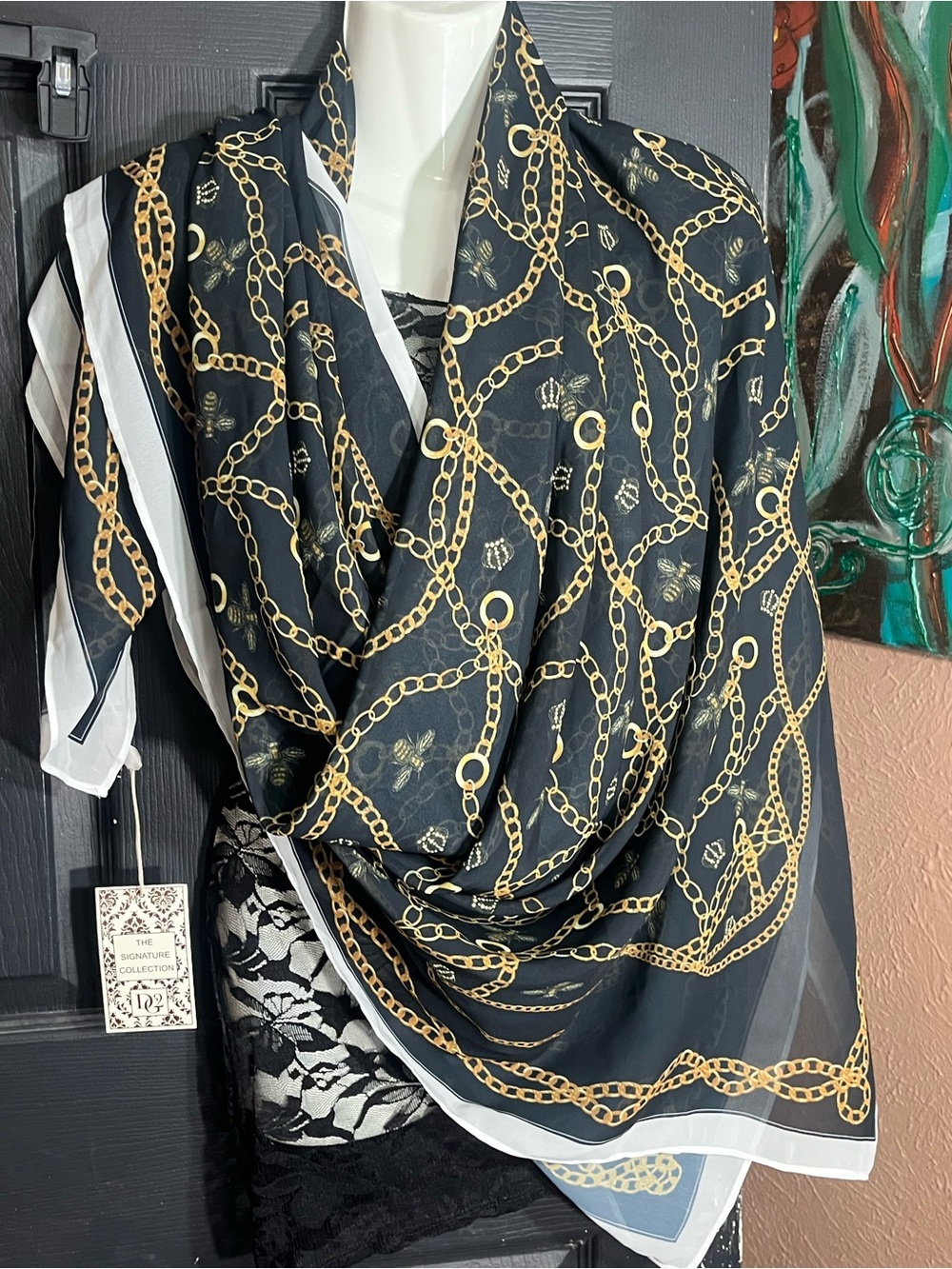 Black & Gold Chain Print Fashion Scarf - Women Accessories